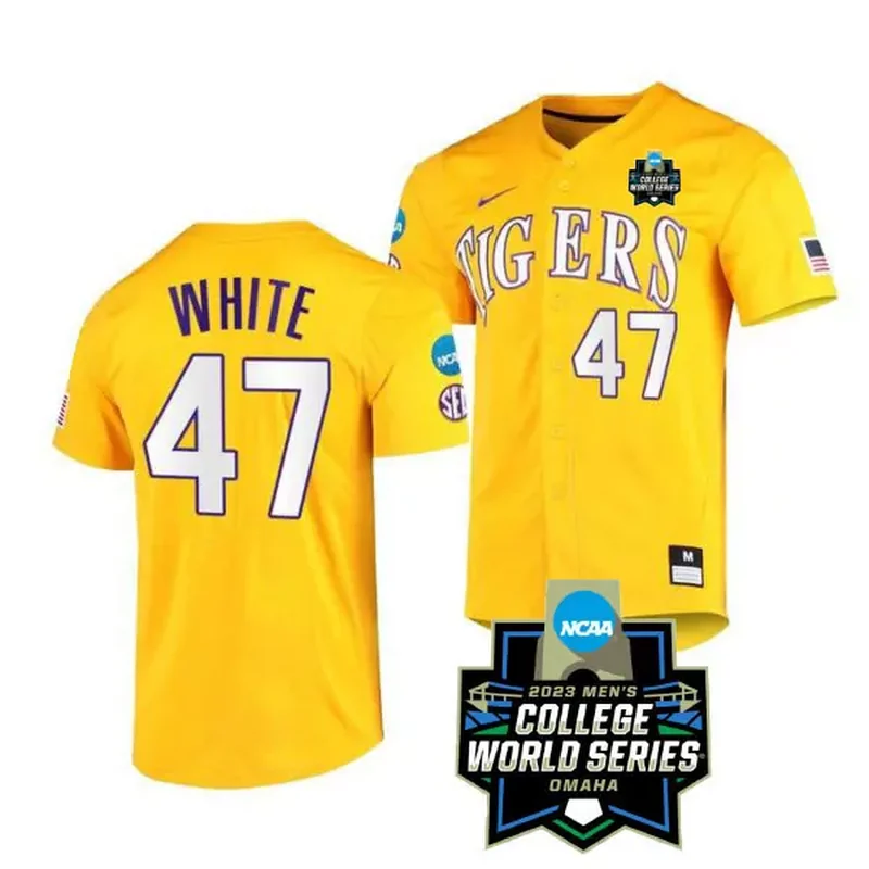 Yellow Tommy White LSU Tigers College Baseball World Series Jersey All Stitched