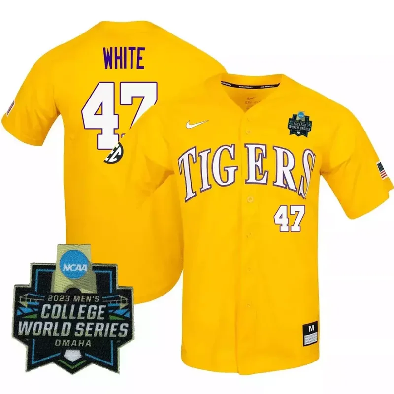 Yellow Tommy White LSU Tigers College Baseball World Series Jersey V2 All Stitched