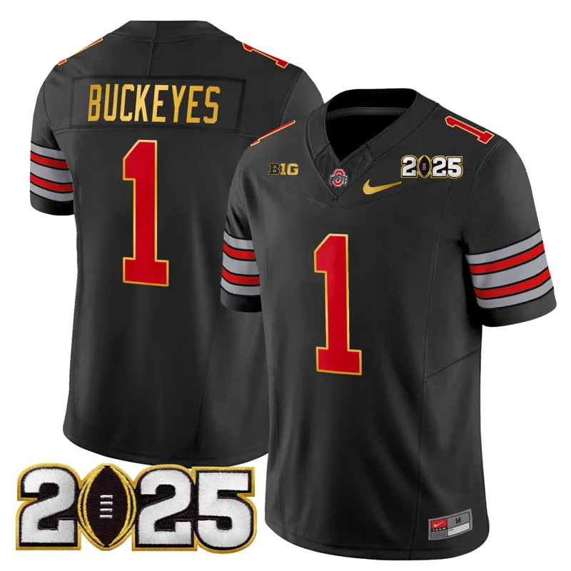 #1 Buckeyes Ohio State Buckeyes Heritage Stripe 2025 Cfp Final Patch Gold Trim Vapor Black Jersey | Size: Up to 5XL