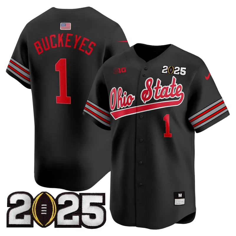 #1 Buckeyes Ohio State Buckeyes Heritage Stripe 2025 Cfp Final Patch Vapor Baseball Black Jersey V2 | Size: Up to 5XL