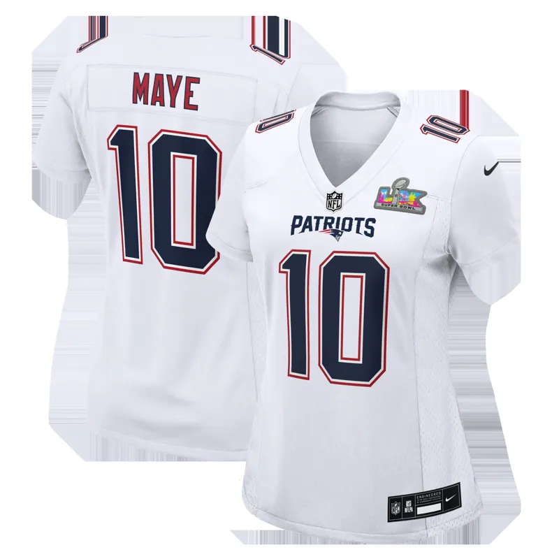 New England Patriots Jersey Drake Maye White Super Bowl Lx Patch Tundra Game Jersey